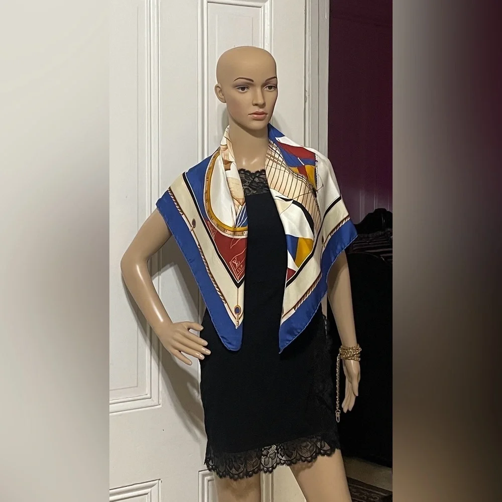 Louis Vuitton Silk Scarf with Nautical Motif in Blue and Cream